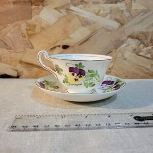 Trentona Cup Saucer Pansies Purple Yellow White Gold Trim Bone China England